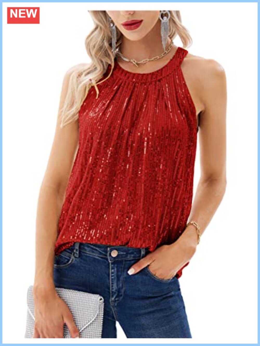 Sequin Halter Tank Top Sleeveless Sparkly Shiny Ruched Flowy Party Club Top